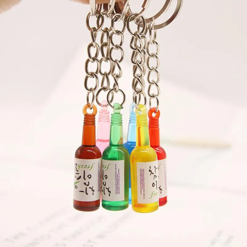 Keychains Korean Simulation Cute Tiny Soju Bottle Keychain Resin Beer Drink Keyring Women Trinket Jewelry Friend Travel Gift Souve240O