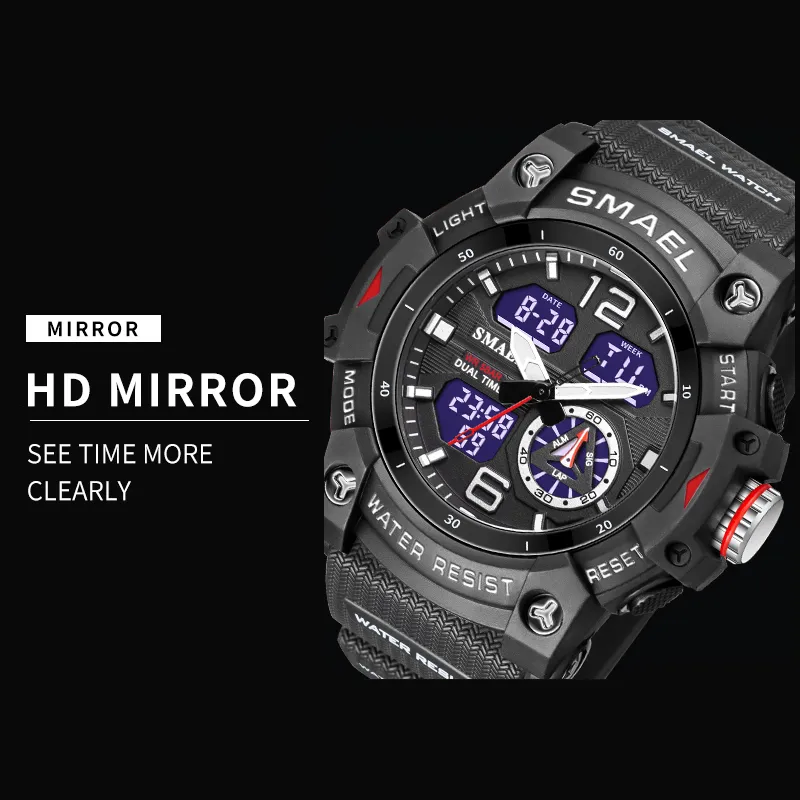 Smael Dual Time Mężczyźni zegarki 50m Wodoodporne zegarki wojskowe dla mężczyzn 8007 THOCK RESISITANT SPORT WAKTY PREZENTY WTACH 220421232V