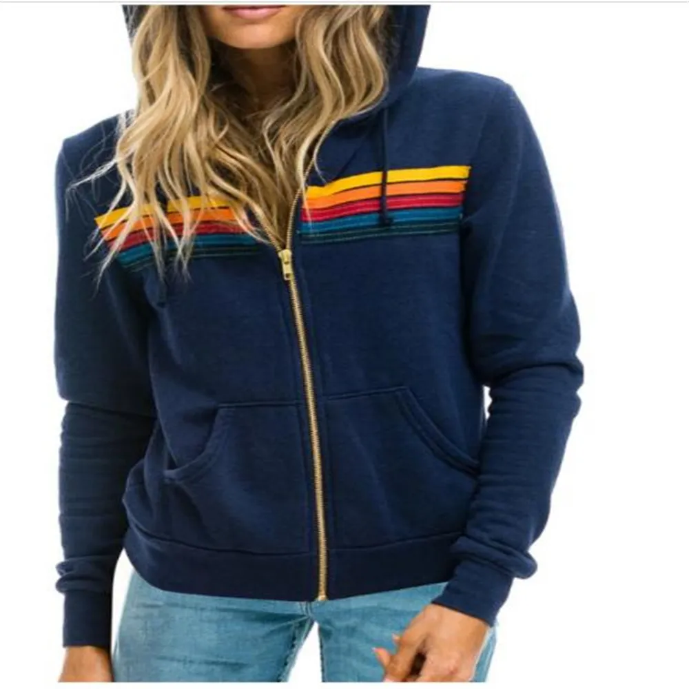 Sweat-shirt à capuche pour femme, veste zippée, mode automne, épissure à rayures arc-en-ciel