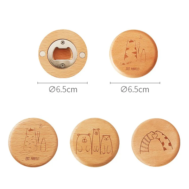 Blank Openers DIY Beech Wooden Round Shape Bottle Opener Coaster Fridge Magnet Decoration Beer Bottle Opener Custom Logo