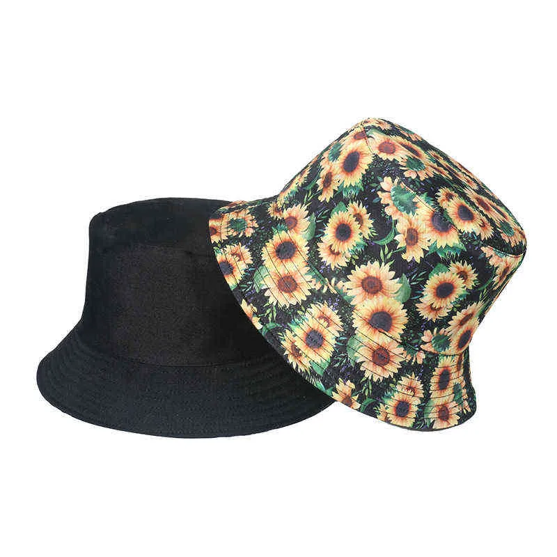 Mode vrouwen zonnebloem print katoen emmer hoeden lente zomer meisje dame outdoor panama visser cap hoed voor vrouwen dropshipping G220418