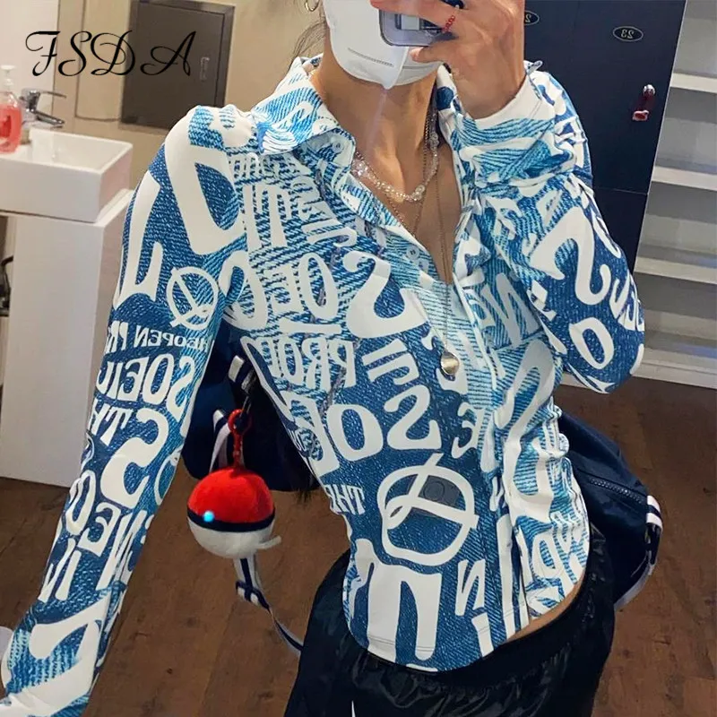 FSDA letra impressão manga longa t camisas azuis sexy mulheres v pescoço preto outono verão colheita casual tops moda 220408