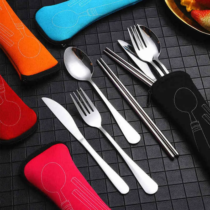 Portable Cutlery Bag Tableware Spoon Fork Knife Chopstick Bag With Zipper Travel Picnic Packaging Storage Box Without Dinnerware Y220530