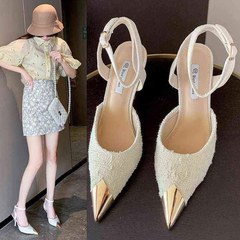 2022 New Women's Shoes Pointed Toe Shallow Nude Pink Diamond Shoes Low Heel Back Strappy Shoes Women G220527