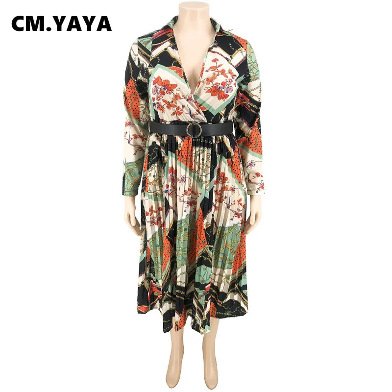 CM. Yaya Autumn Winter Kobiety Długie rękaw Midi BodyCon Sukienka National Print Plisted Sexy Club Party Plus Size XL-5xl Dress 220516