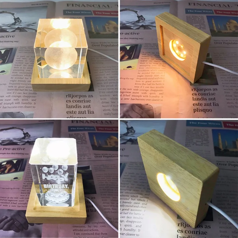 Квадратные светодиодные фонари Отображение базовое деревянное освещенное держатель лазер