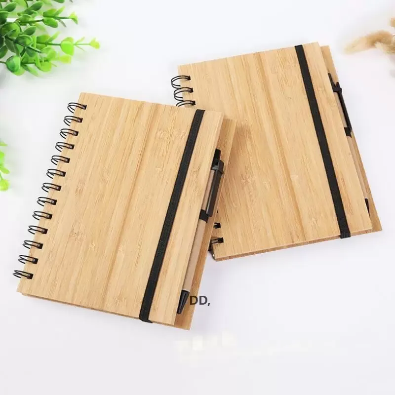 Nieuw hout bamboe cover Notebook spiraalvormige notitieblad met pen 70 vellen gerecyclede papiercadeaus reisdagboek