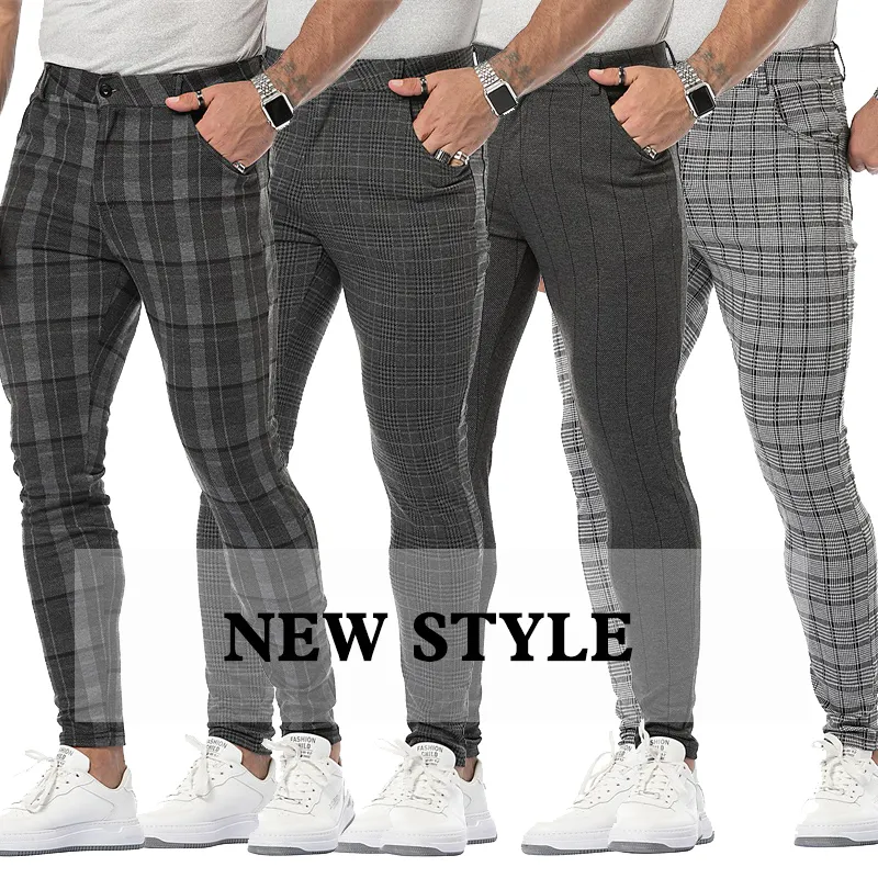 Men's Casual Plaid Pants Down Slim Gray Skinny Plus Sizes Long Fashion Streetwear Men Business Elastic Cotton Checked Trousers 220325