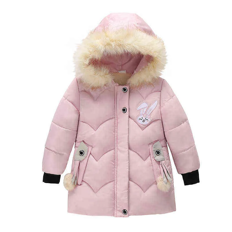 New Winter Thick Keep Warm Jacket For Girl Cartoon Rabbit Fur Collar Hood Heavy Kids Jacket Children Birthday Gift Outerwear J220718
