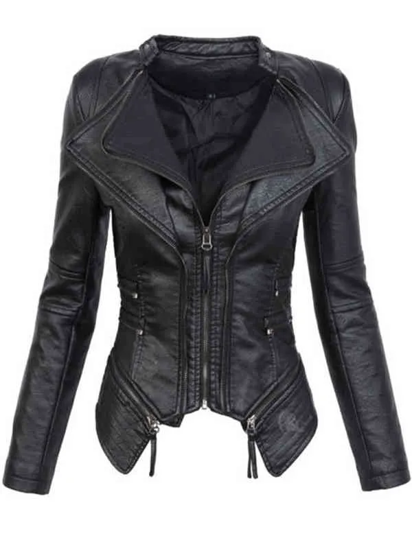 Gothic Kunstleder PU Jacke Damen Winter Herbst Mode Motorradjacke Schwarz Kunstleder Mäntel Oberbekleidung Mantel HOT L220728