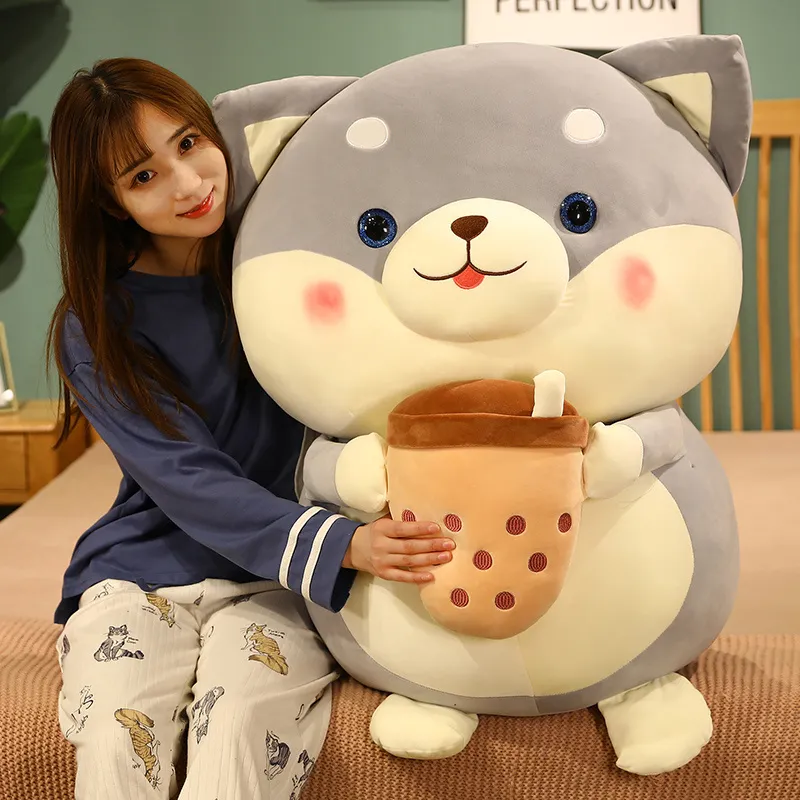 20/35/45cm Kawaii Shiba Inu Dog Holding Bubble Tea Cup Plush Toys Stuffed Soft Animal Pillow Dolls for Girls Birthday Gifts 220610