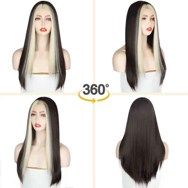 Synthetic Wig Black Long Straight for Women Both Sides Gold Hair Middle Part Heat Resistant Wavy Cosplay Girl 220622
