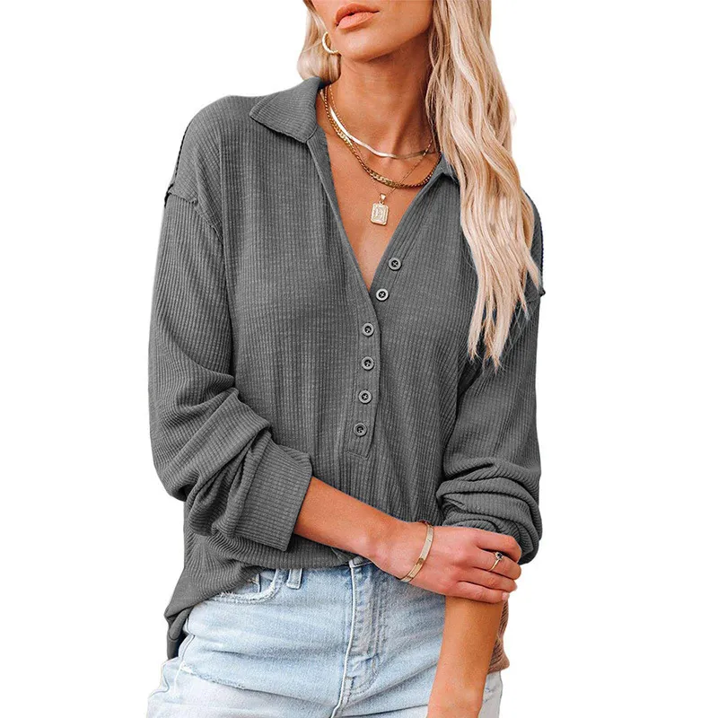 Autumn Winter Henley Shirts Women Casual V Neck Long Sleeve Button Down Ribbed Knit Tops Solid Vintage Loose Pullover Shirt 220321