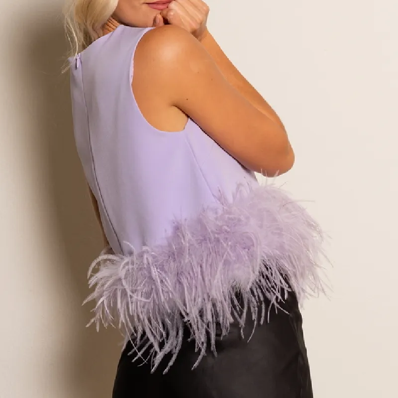 FUFUCAILLM Elegant Fashion Feather Tank Tops Women Summer Sleeveless Round Neck Crop Tops Chic Aline Vest 90s Streetwear 220620
