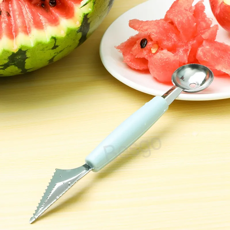 Dubbel huvud vattenmelon bollskopa rostfritt stål glass gräva bollsked plasthandtag engrave kniv kök porslin bh6383 tyj