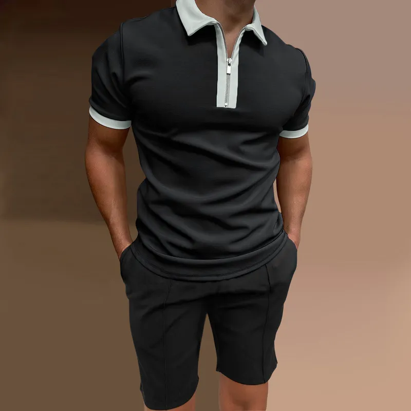 Printemps été hommes ensembles de vêtements de sport couleur unie zippe revers polo costume jogging en plein air short de sport décontracté ensemble 2 pièces 220601