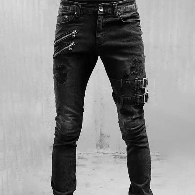 Jeans Men Slim Fit Belt Belt Ripped Jeans Fashion Fashion Vintage Hip Hop Jeans Skinny Jeans Men calças de estilo casual de rua 220504