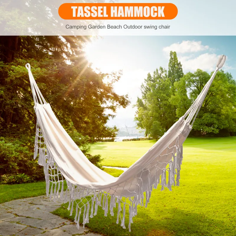 Tassels Hammock Boho Style Brasilian Macrame Fringed Deluxe Double Hammock Net Cotton Swing Chair Hanging Bed 220606