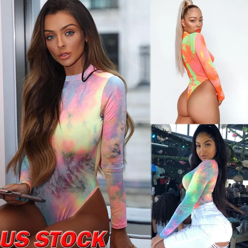 Moda kravat boyası bodycon bodysuits Sonbahar Kış Kadın Seksi Uzun Kollu O Boyun Sıska Parti Sokak Giyim Vücudu 220801