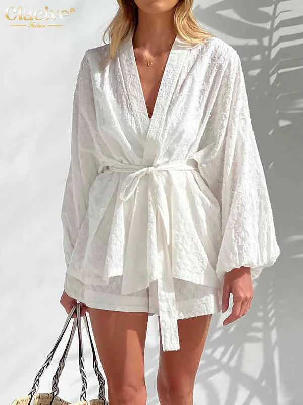 CLACIVE Fashion Long Sleeve Robes Top Two Piece Set Womens Outifits Autumn Casual White Home Suit Elegant Shorts Women's Set T220729