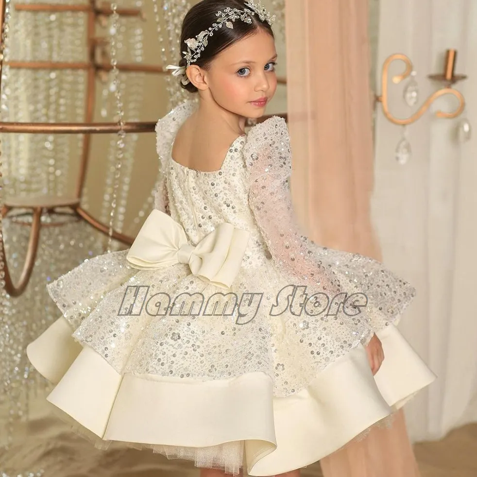 Flower Girl Abiti Abito da sposa Party Abito con fiocchi manica lunga Prima Comunione Dress Princess Tulle Abito da ballo Abiti da ballo Pailletted Abiti di Natale