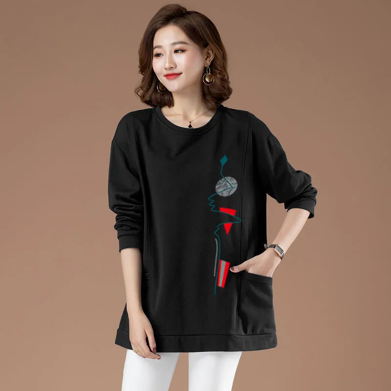 O pescoço t camisa mulher outono manga longa plus size t-shirt solto estilo coreano oversized impressão feminina 220328