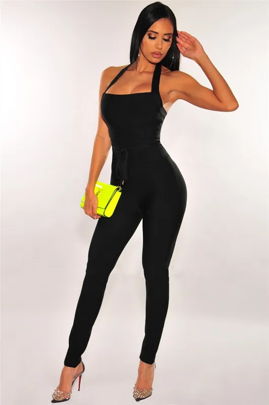 Högkvalitativa svarta kvinnor Turtleneck Neck Rayon Bandage Jumpsuit Sexig BodyCon Celebrity Party Jumpsuits Vestidos 220628266L