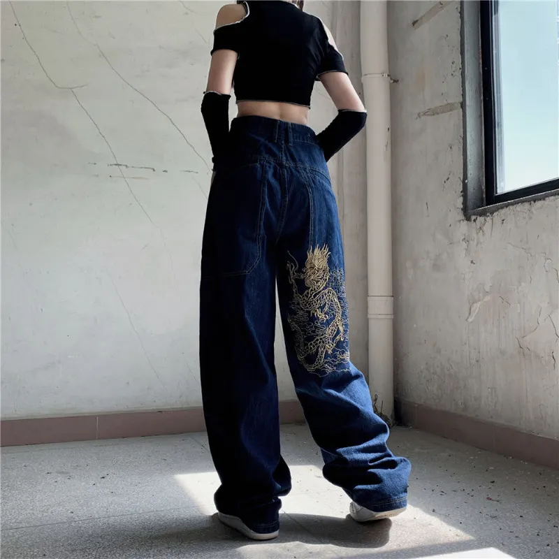 American retro street loose embroidered straightleg jeans women casual allmatch highwaist mopping wideleg trousers 220526