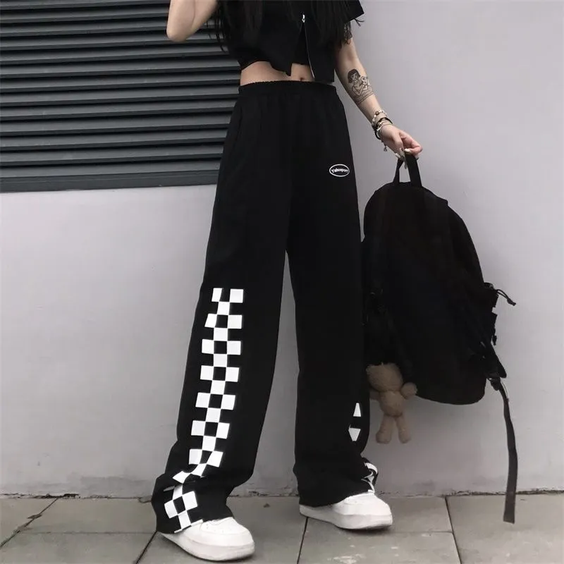 Houzhou Korean Fashion Oversize Plaid Kvinnors Sportbyxor Harajuku Jogging Balck Sweatpants Baggy Loose Wide Ben Byxor Femme 220325