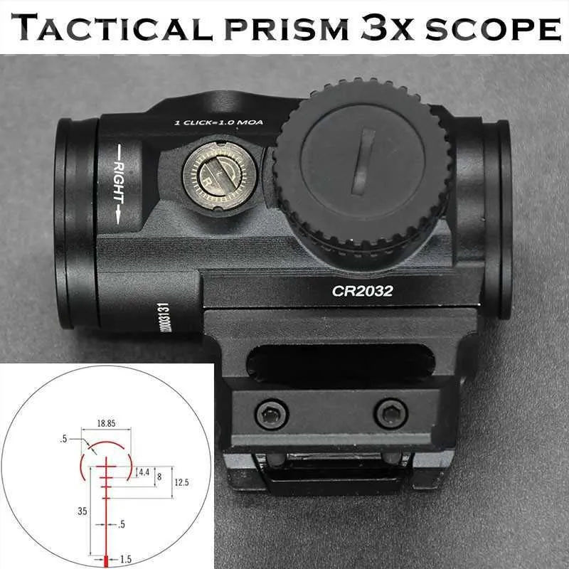 Tactical 3x Red Dot Optics Compact Prism Rifle Scope With Hight Low Picatinny Weaver Rail Mount Base For Hunting Airsoft9369642