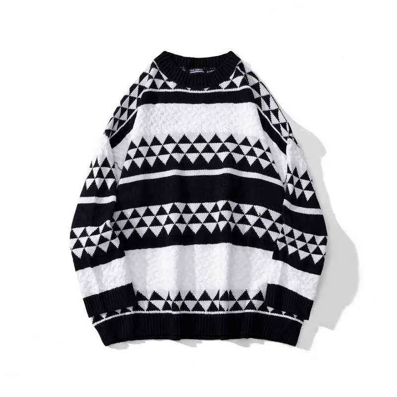 2021 Korean Fashion Stylish Plaid Men Oversize Knitted Sweater Round Neck Casual Couples Knitwear Women Kpop Pullover Pull Homme T220730