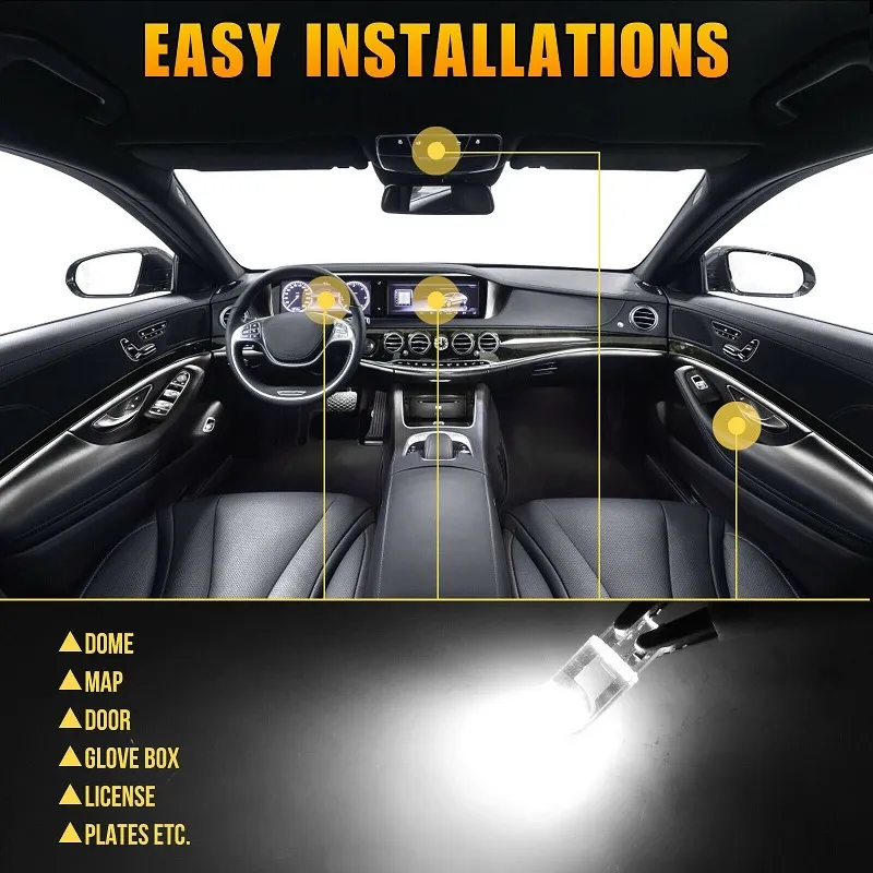 새로운 10x 최신 W5W LED T10 자동차 라이트 코브 유리 6000K 화이트 오토 자동차 자동차 번호판 램프 돔 라이트 독서 DRL 전구 스타일 12V