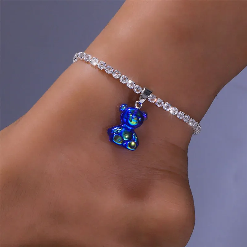 Huitan Trendy Harts Bear Anklet Armband för kvinnor Färgglada söta ankeltillbehör Legkedja Fancy Birthday Present Fashion Jewelry