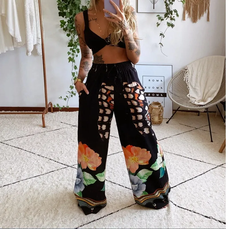 Summer Women Fashion Set Tracksuit Boho Print Sexy Sleeveless Crop Top Loose Wide Leg Pants Suits Female Clothing 220713