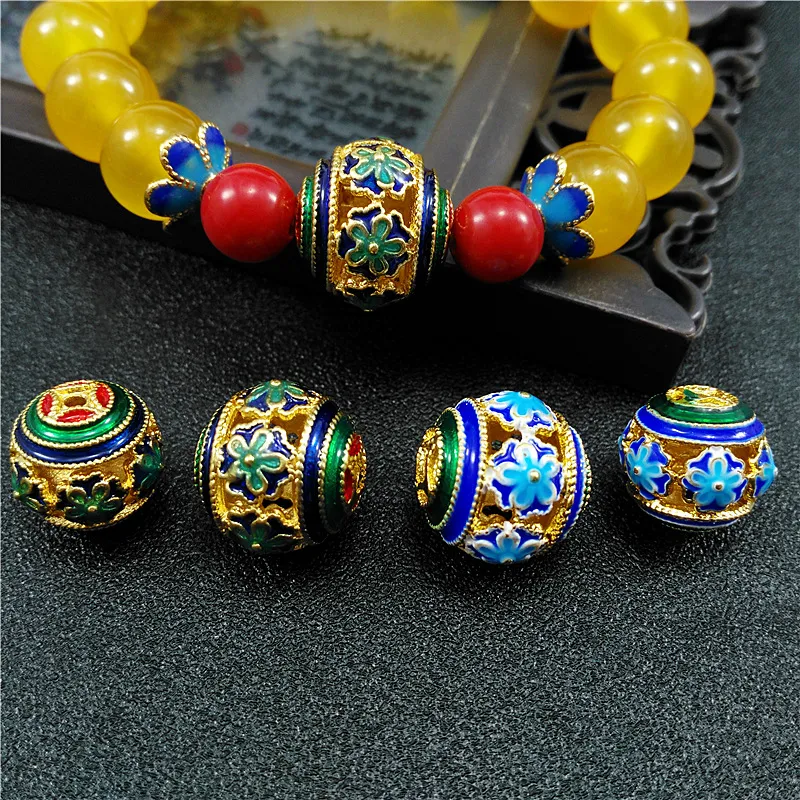 Perles rondes cloisonnées faites à la main, petites fleurs, accessoires en cuivre brûlé, émail bleu, perle d'espacement, ornement de Bracelet