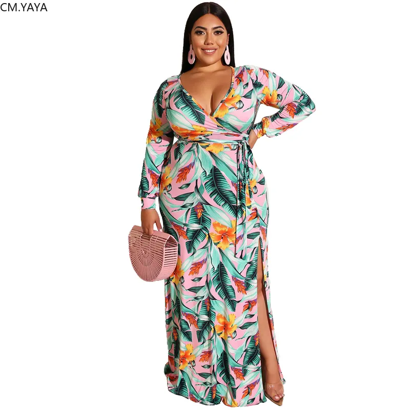 CMYAYA Plus Mize XL-5XL Autumn Women Fashion Print Sashes Long Maxi Dress Open Bodycon Night Beach Casual Dresses Vestidos 220516