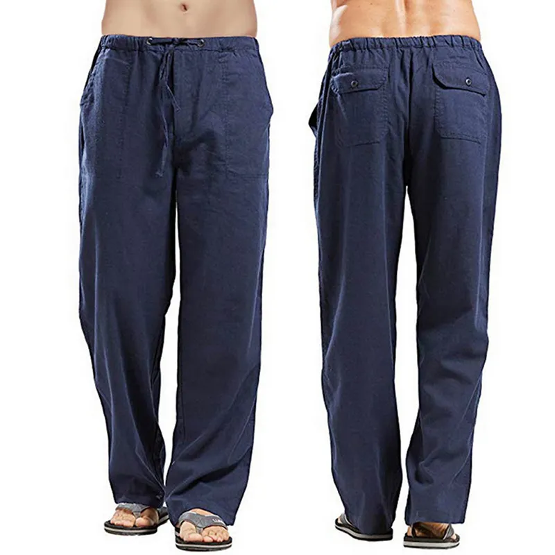 Summer Linen Wide Men Pants Koreańskie spodnie Owwony pościel uliczna męska wiosenne spodnie jogi