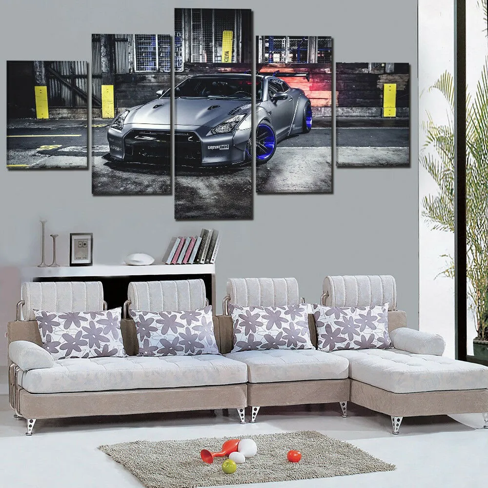 Argento Gtr Sports Car Drift 5 pezzi Immagine su tela Stampa Wall Art Canvas Pittura Decorazione della parete soggiorno Poster senza cornice