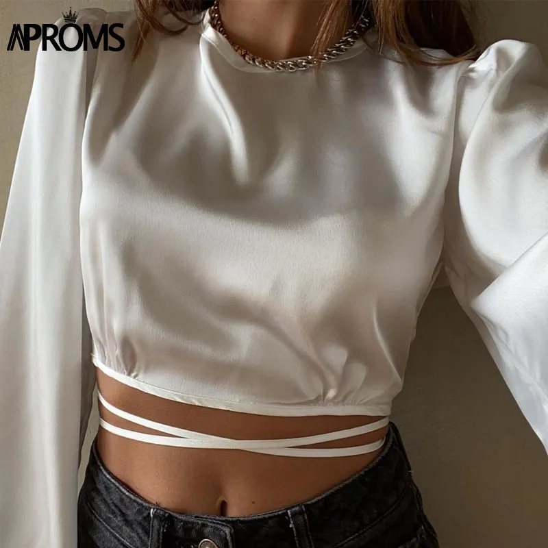 Aproms Soft Satin Backless Bow Tie T-shirt Female Summer Fashion Long Sleeve Slim Tshirt Basic Crop Top for Women Clothing 220321