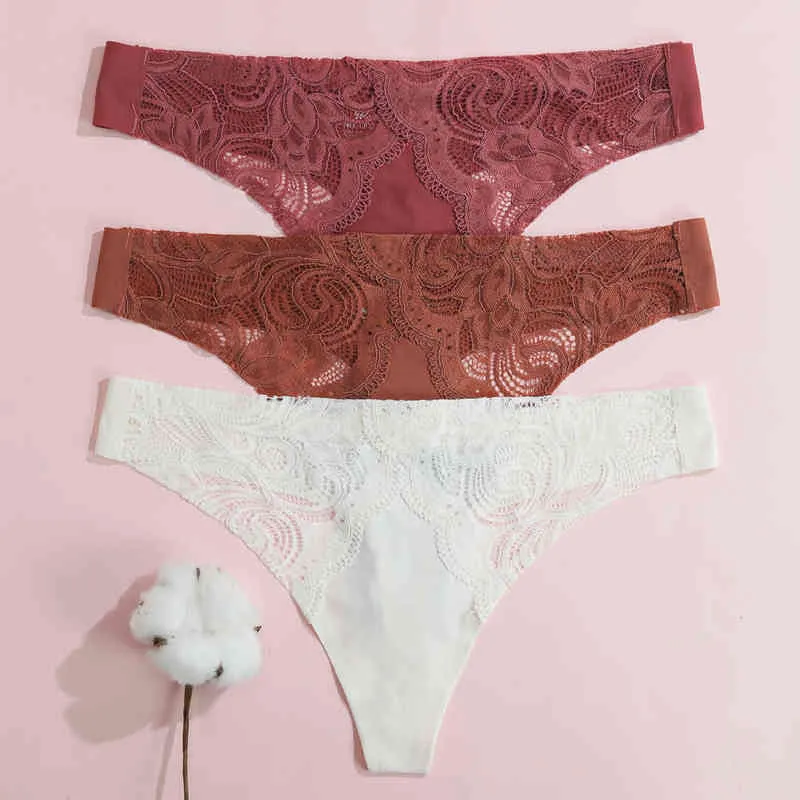 Kisswife 3stNew Ladies Sexy Lace Patchwork Cutout Thong Ice Silk Underwear Seamless Low Midje Cotton Comfort Trosor L220801