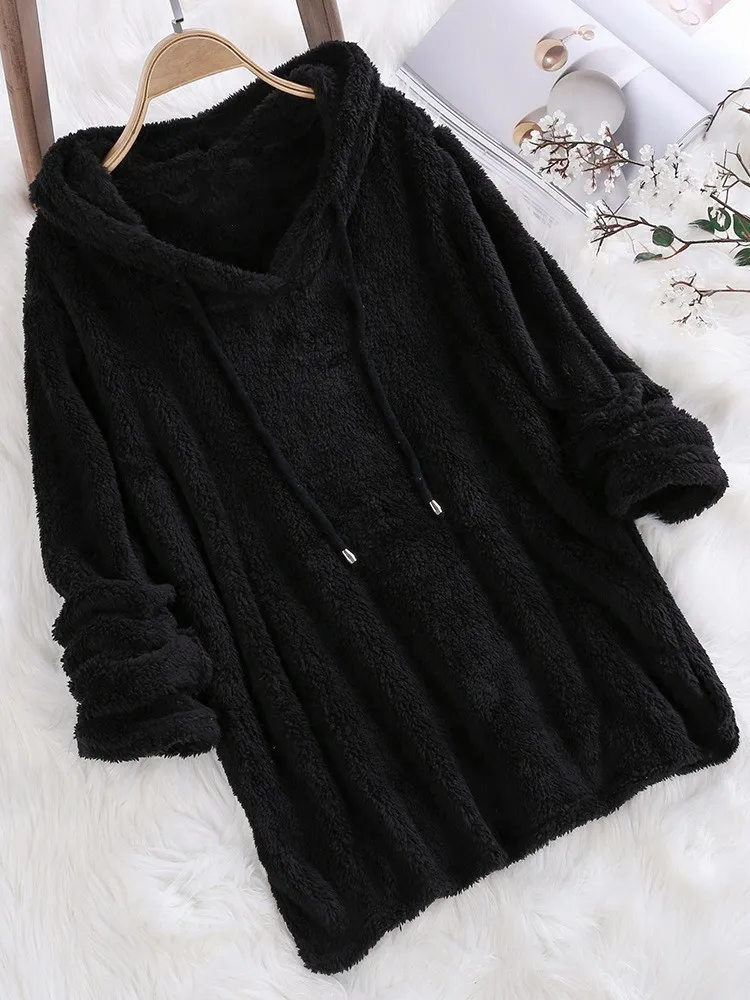 Kvinnor långärmad plysch hoodies lady höst vinter varm solid fluffig hoody flanell pullover pyjama lösa huva tröjor topp 220815