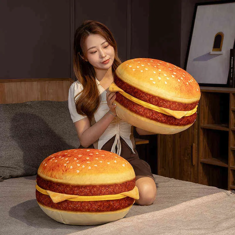 Cm Simulated Hamburger Plushie Filled Brown Baked Food Snack Round Cushion Jointed Seat Decorating For Chair Sofa Floor J220704