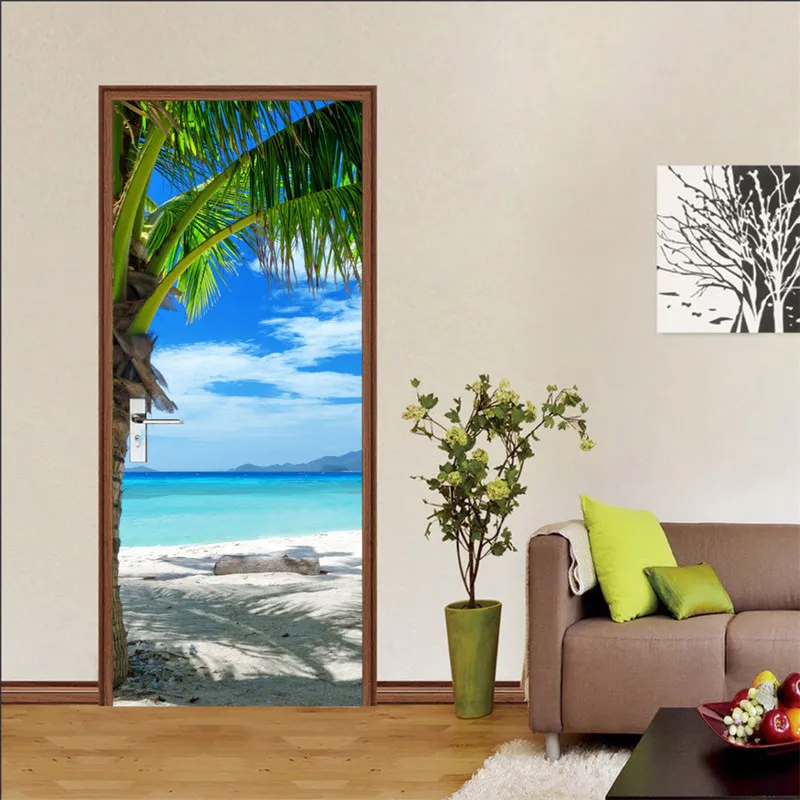 Beach Sun Auto Adesivo Porta Parede Papel de parede 3d PVC Design de decoração de decoração de decoração de cenário de cenário Decalques de parede mural Deursticker 220716