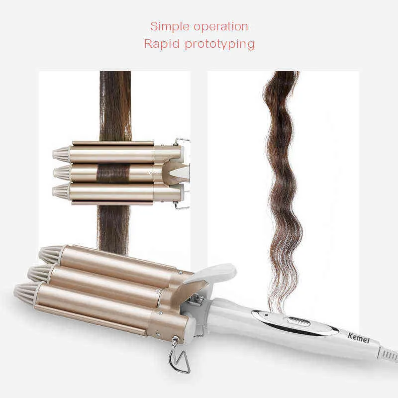 Kemei Hair Cerlers Looper Hair لديه 3 رؤساء تموج تجريبي للشعر ثلاثي الشباك الحديد المحترف أدوات Waver H22047225611