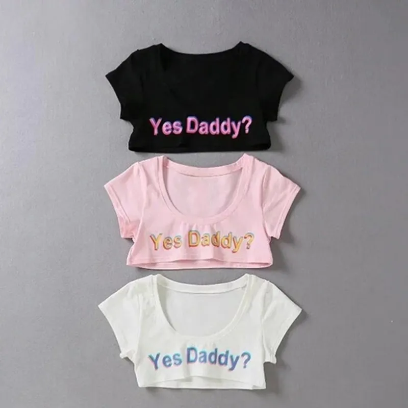 Été Oui Papa Lettre Imprimer T-shirt Femmes Sexy Crop Tops À Manches Courtes Chemises Courtes 220506