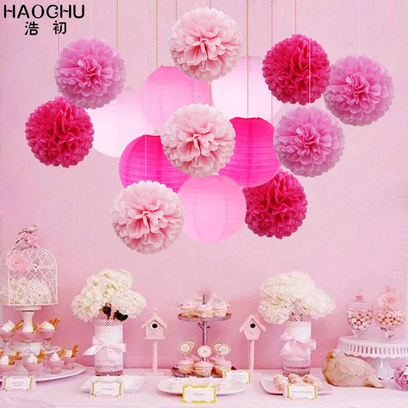 set okrągły chińskie papierowe latarnie Tkanki Kulki kwiatowe na przyjęcie urodzinowe Wesele Baby Shower Dekoracja różowa fioletowa 220527