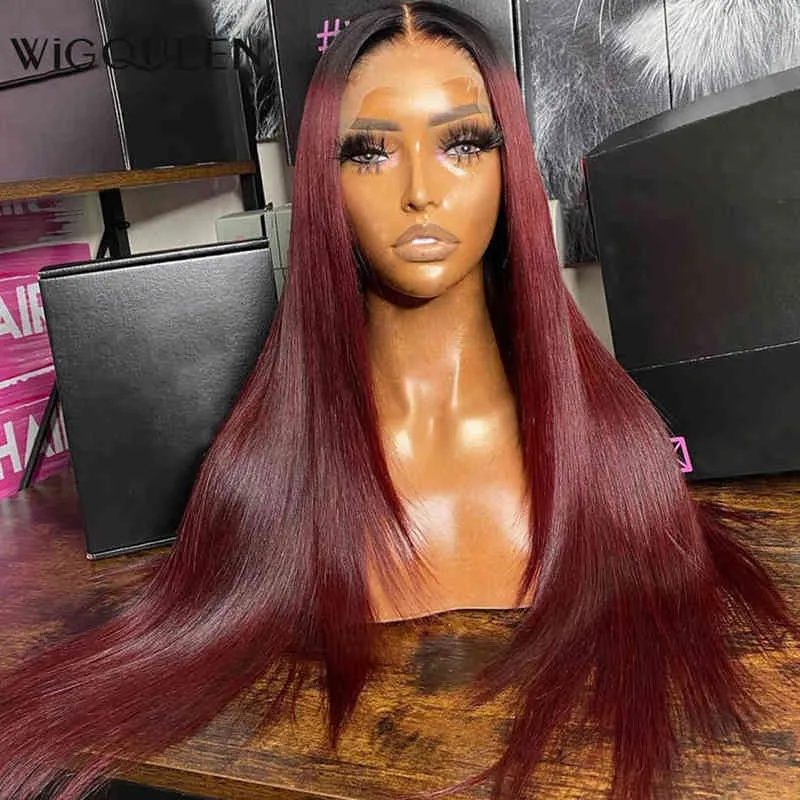 HD Lace Front Wig B J X Straight Burgundy Frontal Human Hair Brazilian Remy Precked Ombre Wine Censy 220606