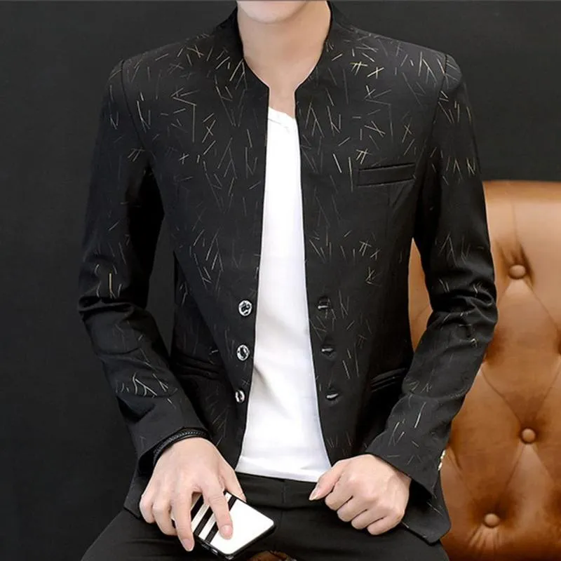 Autumn Cool Men Blazer Vintage Comfy Print Korean Style Spring Autumn Stand Collar Fake Pockets Buttons Blazer for Business 220409