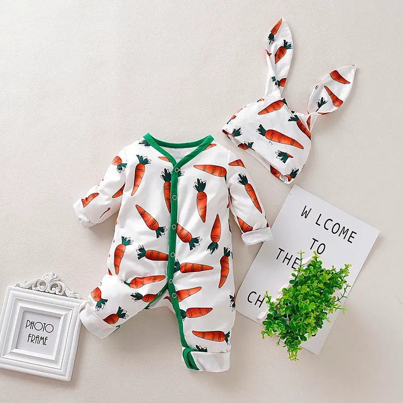 Infant clothes baby Boy Girl Cartoon Carrot Print Romper JumpsuitRrabbit Ears Hat Set outfit baby clothes autumn winter Overall 220525