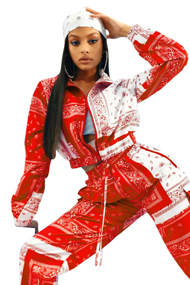 Paisley Bandana Print Two Set Women Fitness Sweatsuit Zipper Up Sweatshirt Jogger Pants Set Tracksuit Vintage Outfits 220716